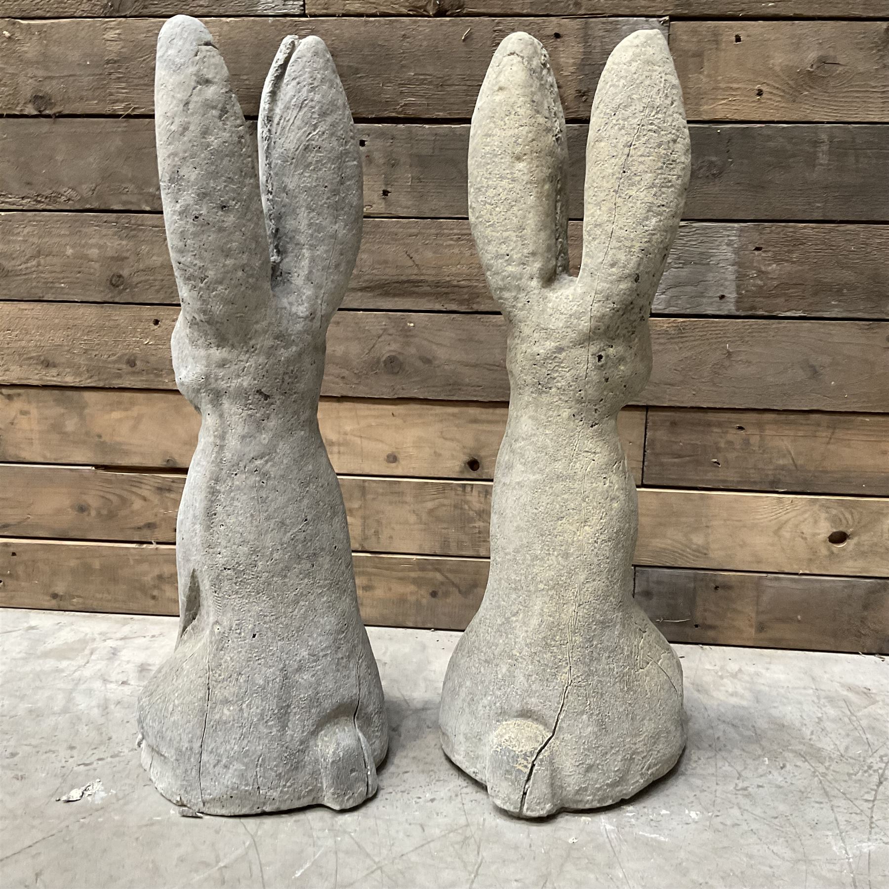 Pair cast stone garden sitting Woody Hares