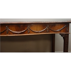  George lll style mahogany serpentine front serving table, moulded top above two swag and gadroon carved drawers on carved square supports and block feet, W168, H87cm, D64cm    