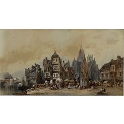 Paul Marny (French/British 1829-1914): Continental Town Market Day Scenes, two watercolours one signed 32cm x 48cm & 22cm x 41cm (2)