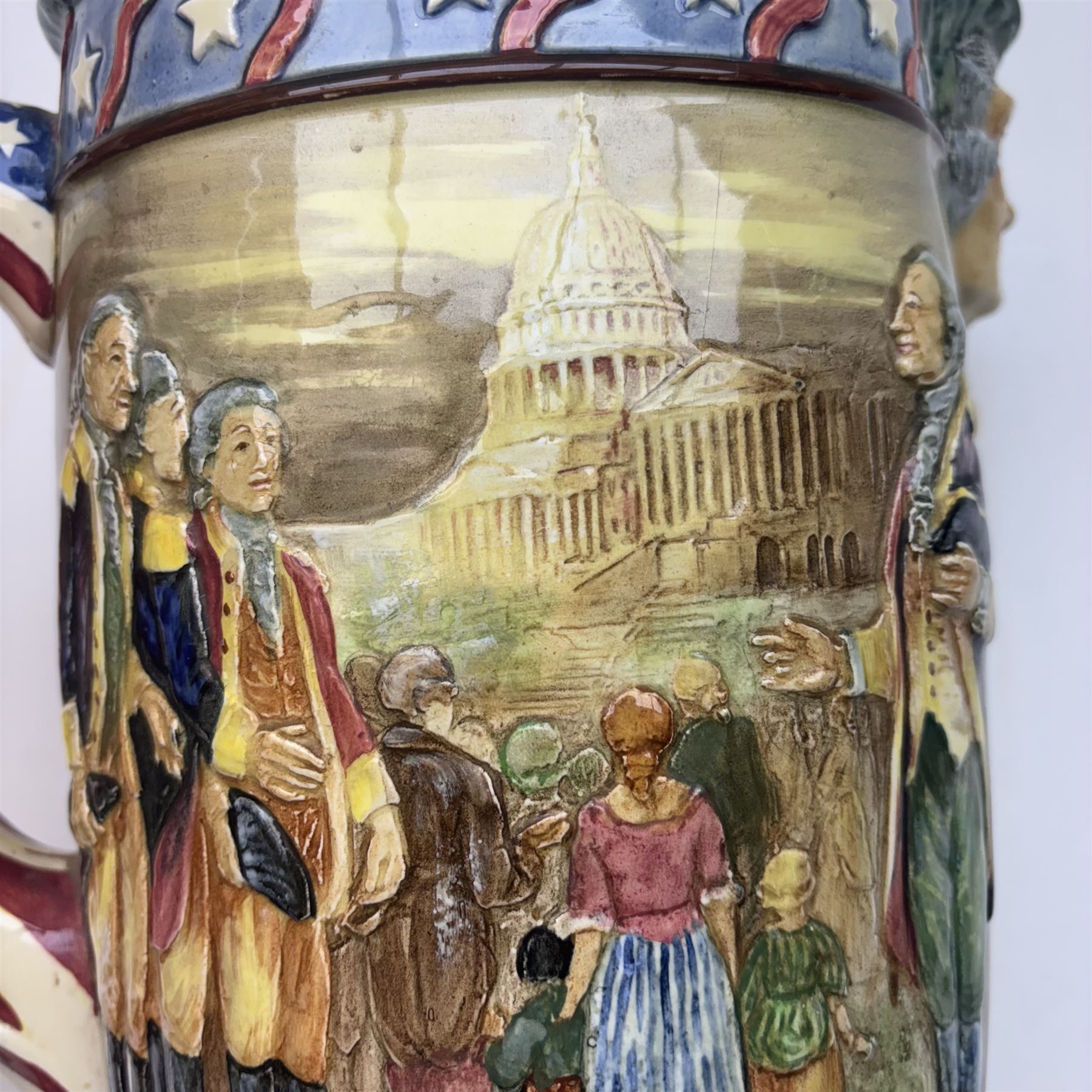 Royal Doulton The George Washington Jug, designed by Charles Noke and Harry Fenton a bicentenary jug modelled in relief with scenes relating to the signing of the Declaration of Independence, the handle in the form of the U.S. flag, H27cm