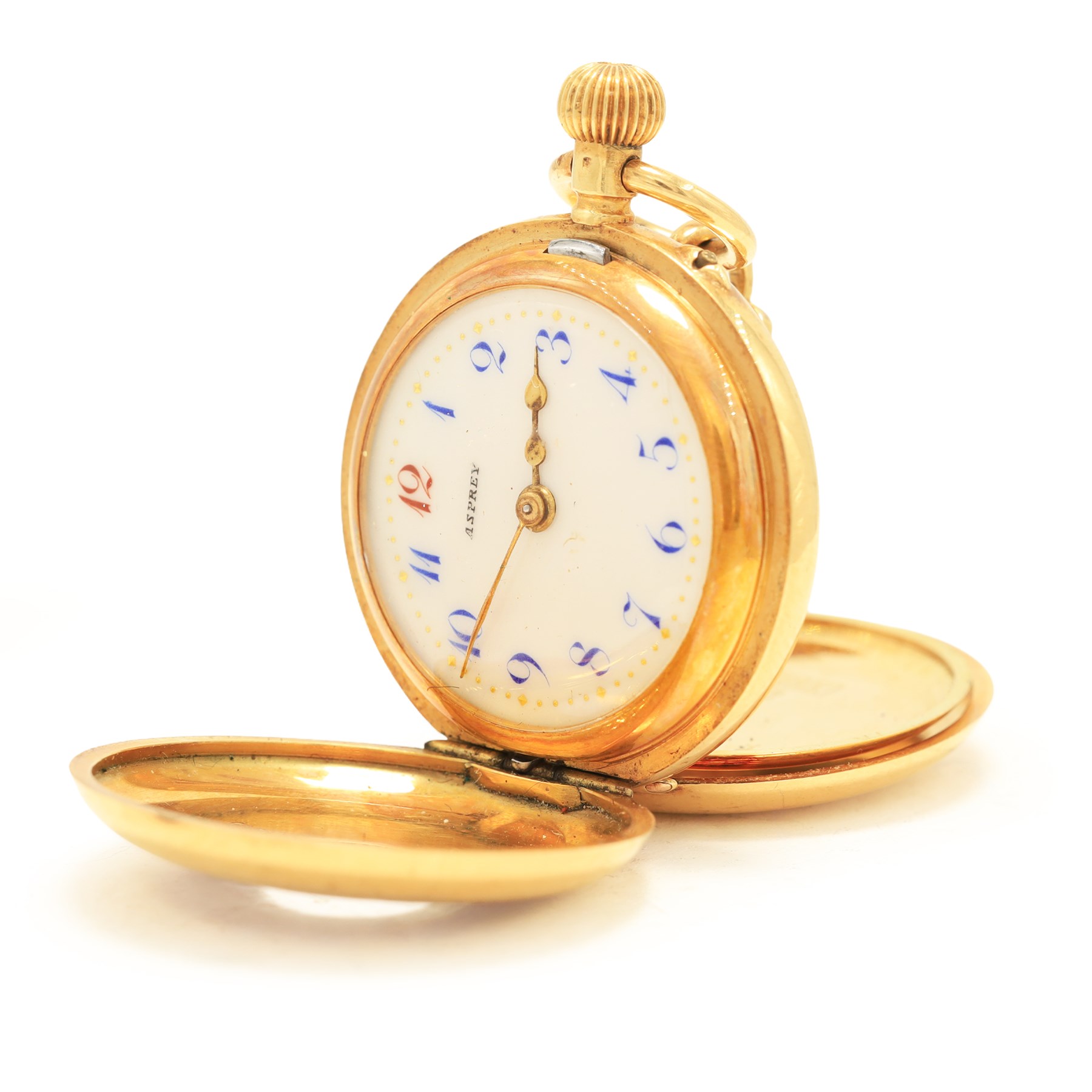 Early 20th century 18ct gold half hunter keyless lever fob watch by Asprey, white enamel dial with Arabic hour markers, the back case engraved with name stamped 18K with Helvetia hallmark, on 15ct gold pearl pendant