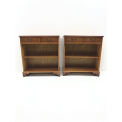 Pair inlaid yew wood open bookcases, two drawers above single shelf,  shaped bracket supports, W76cm, H83cm, D30cm
