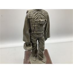 Presentation bronzed figure of a paratrooper by Peter Hicks mounted on a mahogany plinth with plaque inscribed ' Presented to Lieutenant General Sir Michael Gray KCB OBE President Army Parachute Association 1981-1987 An Outstanding Term of Leadership Friendship and Humour. Thank You All Ranks A.P.A.' H28cm; a brass Pegasus plaque H12cm; and small quantity of colour photographs and prints of military related paintings