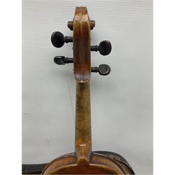 German copy of a Maggini violin c1900 with 35.5cm two-piece maple back and ribs and spruce top, bears label 'Maggini Deutsche Arbeit 1866' L59cm; in carrying case with bow