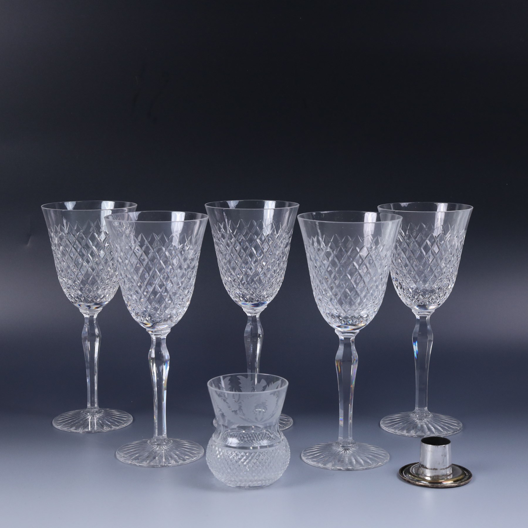 Set of five Stuart Crystal wine glasses and a Edinburgh Crystal thistle glass