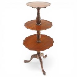 Georgian style mahogany three tier dumb waiter, circular dished tiers with shaped pie crus...