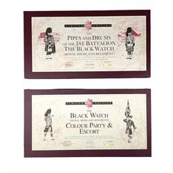 Britains Pipes and Drums of the 1st Battalion The Black Watch, limited edition set of thirteen pieces No.2204/2500, 1995, boxed with paperwork and delivery box; and Britains Black Watch (The Highland Regiment) Colour Party and Escort, limited edition set of ten pieces No.1713/2500, 1997, boxed with paperwork and delivery box (2)
