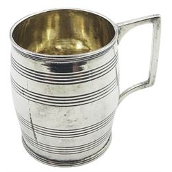 George III small silver tankard, of barrel form with reeded banding and angular handle, hallmarked London1803, makers mark worn and indistinct, H7cm