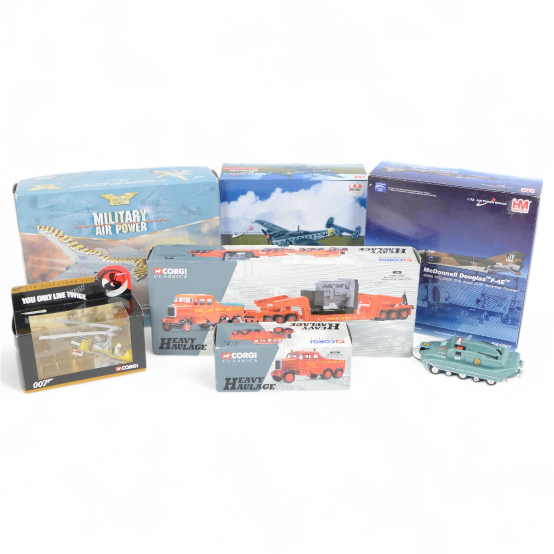 Corgi Heavy Haulage 17603 Siddle Cook Scammell Constructor and 24 Wheel Girder Trailer & Load, Corgi Heavy haulange 17501 Siddle Cook Scammell Constructor, Corgi Aviation Archive AA33605 Panava Tornado Tiger Meet, two Hobby Master 1:72 scale Air Master series aircraft models and a Corgi YOu Only Live Twice Gyrocopter, all boxed, together with a modern Corgi Spectrum Patrol Vehicle