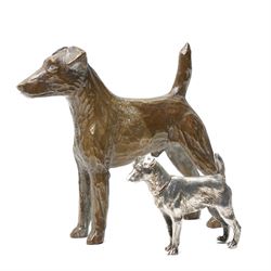 Brass Scottish Terrier fireside companion with accessories, H41cm; with patinated brass Smooth Fox Terrier, H13cm and small silver plated Smooth Fox Terrier, H6cm (3)