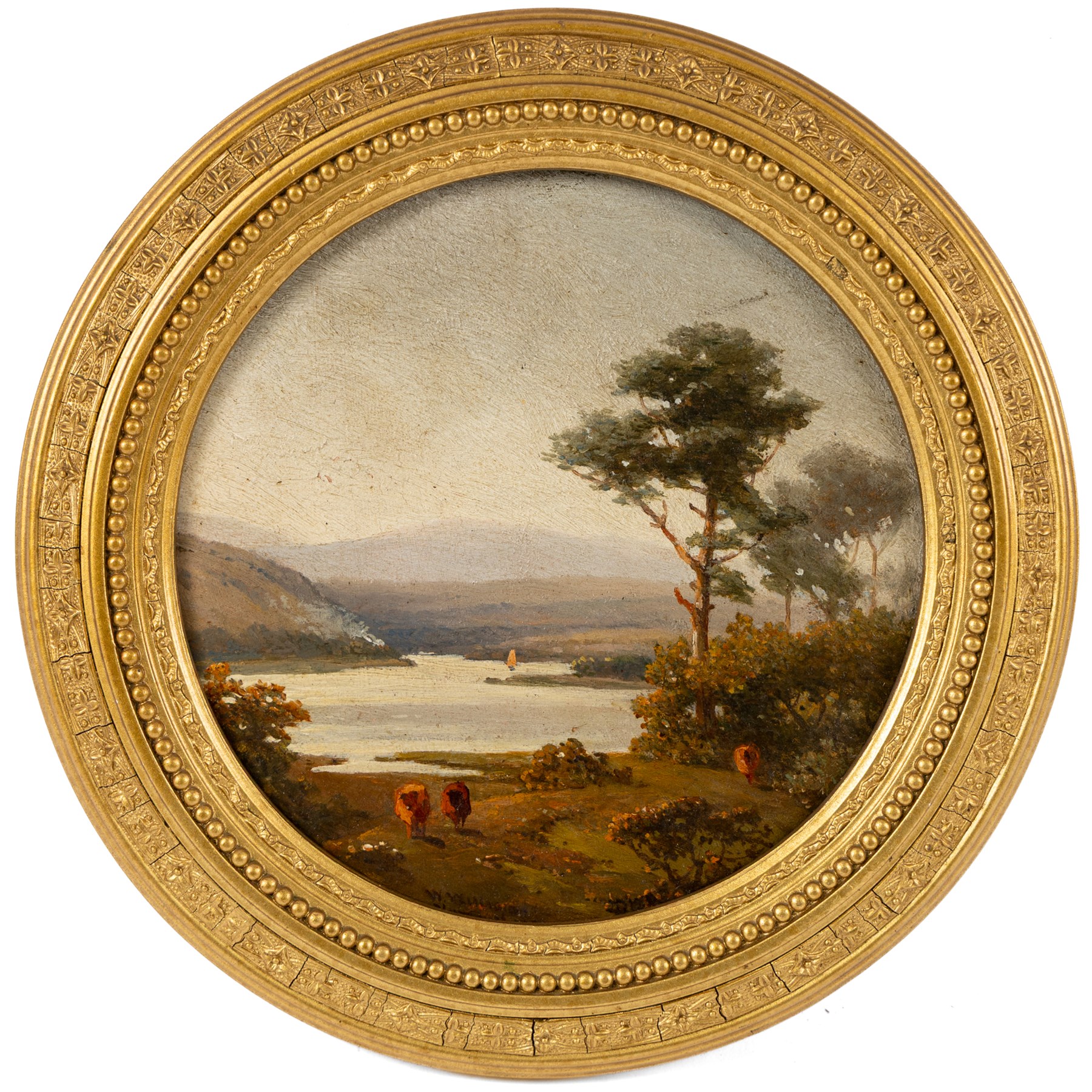 William Williams of Plymouth (British 1808-1895): Estuary Scenes, pair circular oils on oak panels signed and dated 1888, D18cm (2)