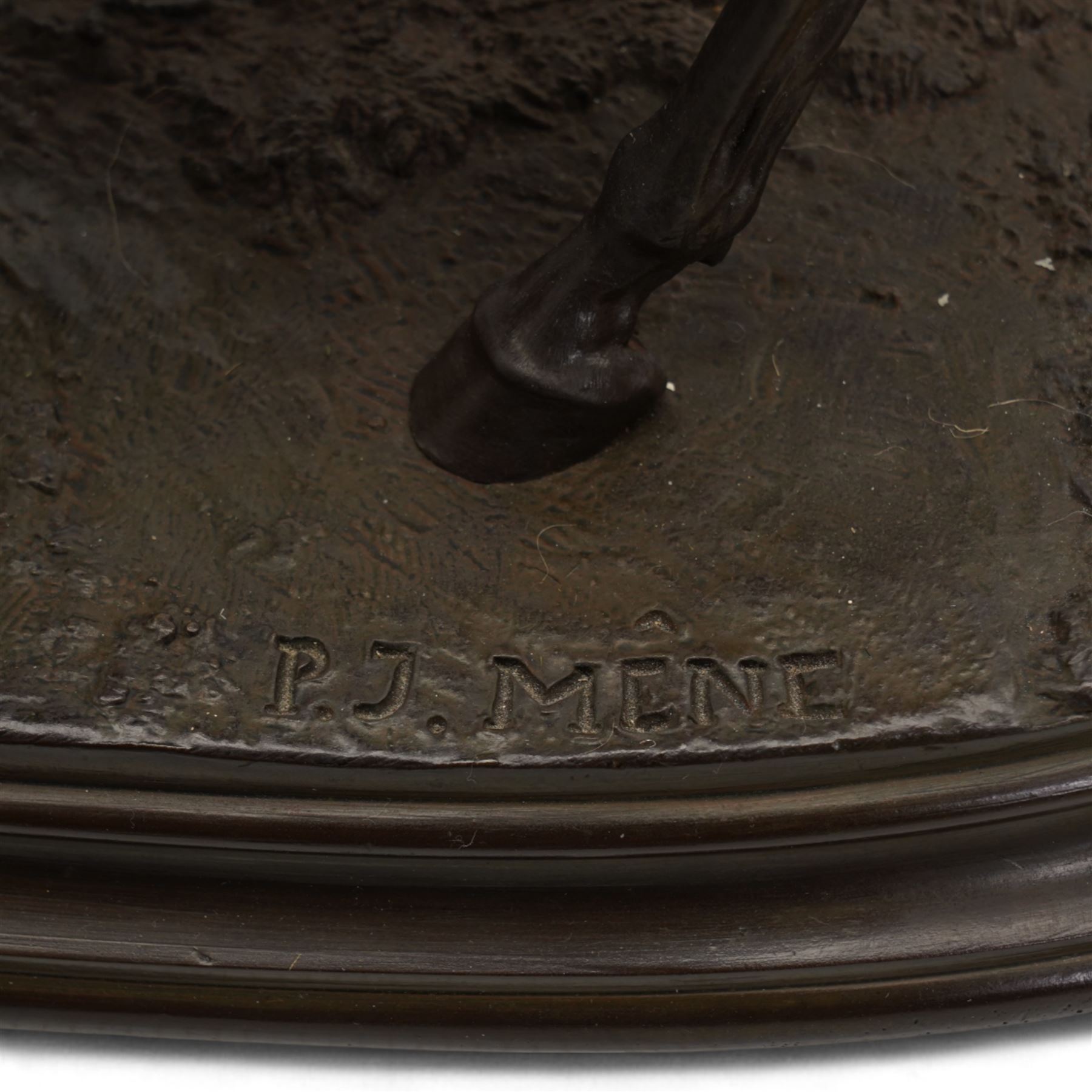 After Pierre-Jules Mene (1810-1879) - 'L'Accolade' (The Embrace) a bronze group of two horses with their necks crossed standing on a shaped oval base signed 'P J Mene' H36cm x W51cm