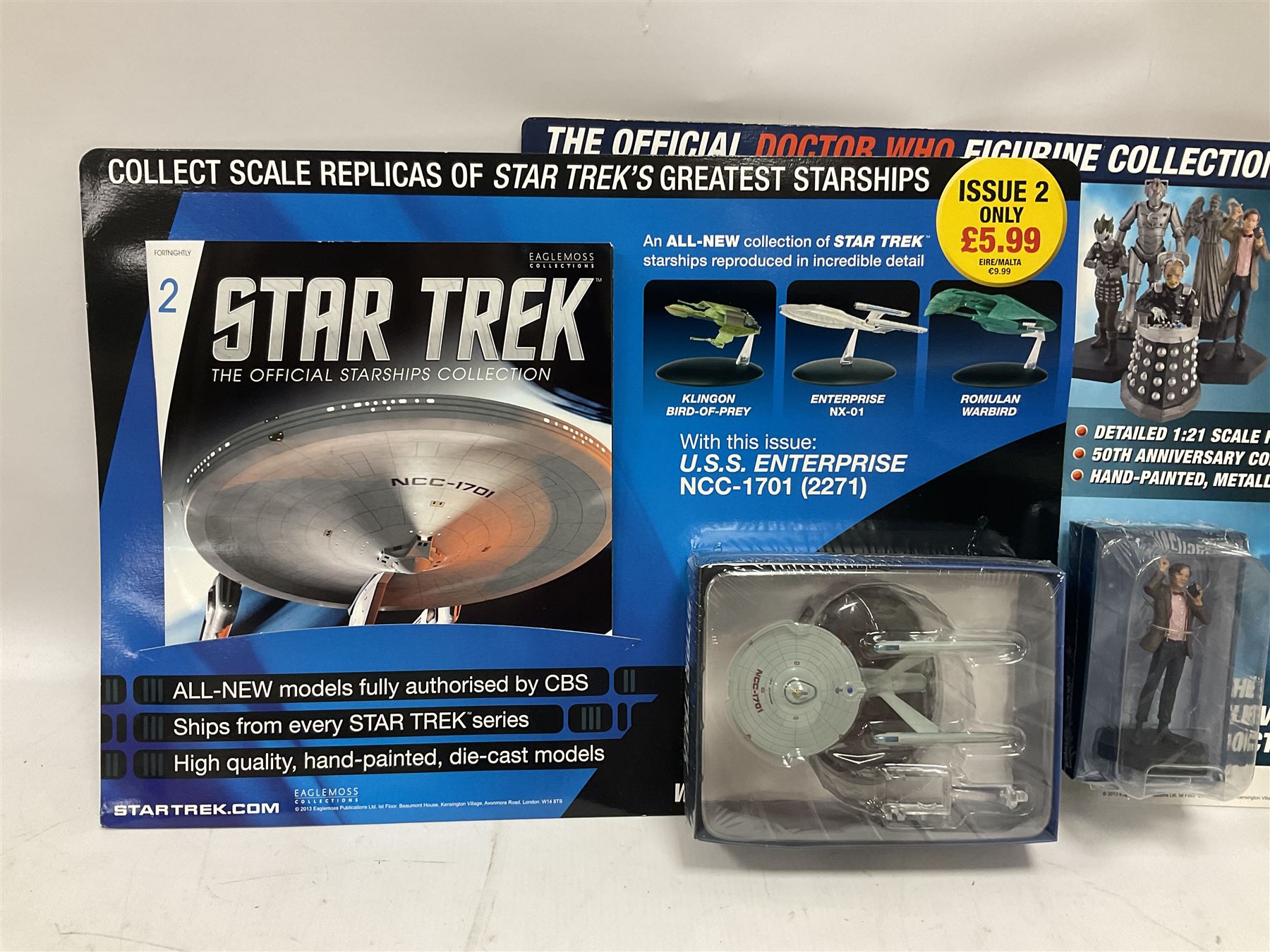 Star Trek - Eaglemoss Official Starships Collection three unopened issue No.1 and Issue No.2; five boxed Fabbri metal figures; and four carded action figures; together with Dr. Who - Eaglemoss Official Figurine Collection unopened Issue No.1; Dr. Who Monster Invasion parts 2 & 3, both unopened; four Dapol carded Dr. Who action figures and two others.