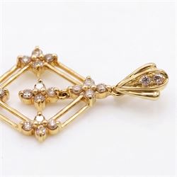 18ct gold diamond lozenge pendant, set with twenty round brilliant cut diamonds within an openwork frame, to a diamond set bale