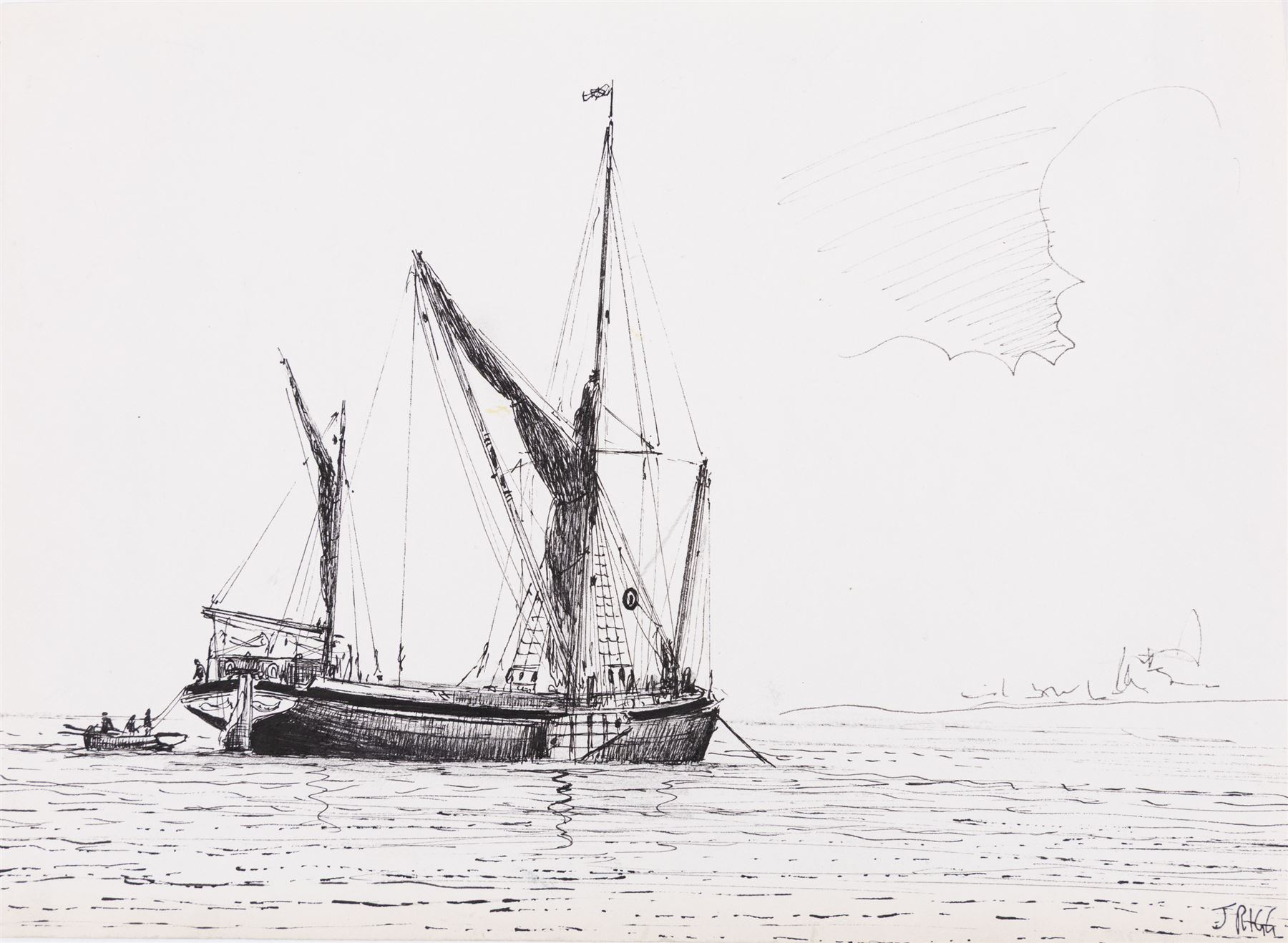 Jack Rigg (British 1927-2023): Thames Sailing Barge 'Dawn', ink and watercolour signed and dated 1976, together with two associated sketches 37cm x 53cm 
