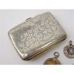  Cycling - Silver cigarette case, front with 9ct gold and enamel cartouche Midland Cycling & Athletic Club 12 Hour Ride to A.W.Warner 1911, 9ct gold medal WERCC 50 miles 1914 to A.W.Warner 2.33.57, Silver Medal Oxford & Back 1922 to A.W.Warner, 4H-36-51, Silver medal 1950 Junior BAR Champion J woodings Worcestershire RC 23.015 MPH, 9ct gold medal BUFC Ogg & Miller Cups won by A.Black 1930-31 and a plain silver medal (5)  