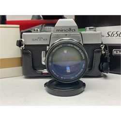 Minolta Dynax 5xi camera body serial no 17222646 with 'AF Zoom Xi 28-80mm 1:4(22)-56' lens serial no 17220881, Minolta SRT101 camera body serial 1944687, Lumix camera body serial no K6SC10168 etc 