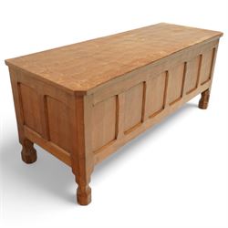 Squirrelman - oak six panel blanket box, on octagonal feet, squirrelman carving on the feet by Wilfred Hutchinson, Husthwaite, Thirsk