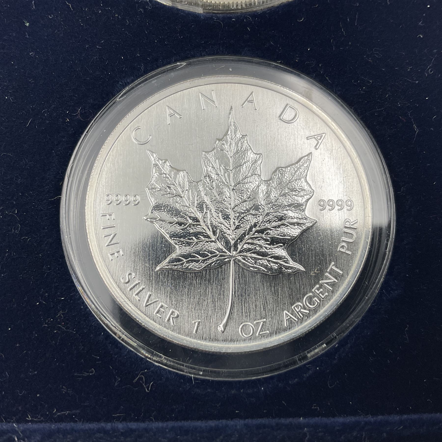 Four one ounce fine silver coins, forming 'The 2003 Famous World Silver Coin Collection', comprising United States eagle, Australian kangaroo, Chinese panda and Canadian maple leaf, cased with Westminster certificate 