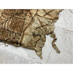 Collection of traditional necklaces from the Solomon Islands, including shell and boar tusk examples, together with a carved canoe prow, with mother of pearl eyes, painted cow hide and a copper plaque, depicting the Solomon Islands, with presentation engraving