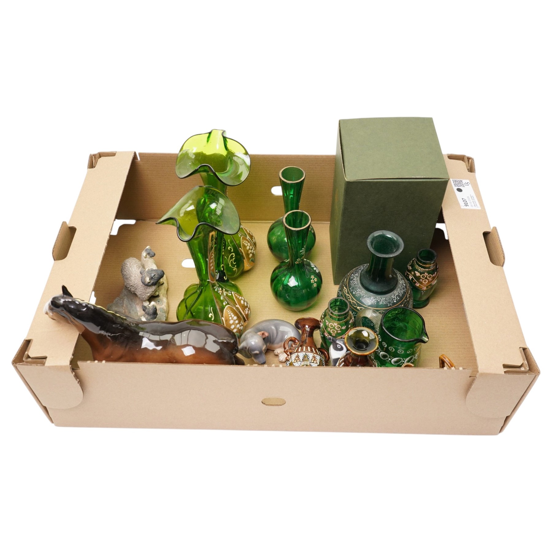 Collection of Victorian green glass, Doulton Lambeth, Beswick horse, Masons Ironstone in box, etc 