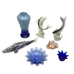 Quantity of art glass to include fish example, shark and dolphin models on stylised bases, Murano style blue vase, other art glass dishes etc