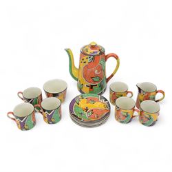 Royal Winton Jazz pattern coffee set, circa 1925, decorated with printed scroll and cubist...