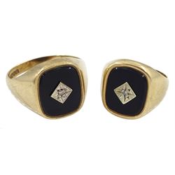 Two 9ct gold black onyx and diamond chip signet rings, both hallmarked