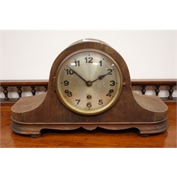  Walnut cased mantel clock and an oak case mantel clock, both with silvered dials and three train Westminster chime movements, H24cm max (2)  