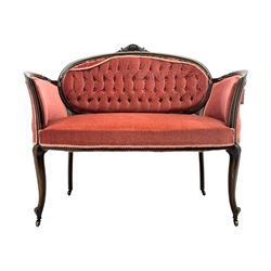 Edwardian inlaid rosewood parlour suite, comprising pair of tub shaped armchairs (W77cm, D69cm, H88cm); and matching two-seat sofa (W112cm, D69cm, H88cm), each with carved crest rails with shell motifs, deep button-tufted oval backs upholstered in pink fabric with braid trim, on cabriole supports