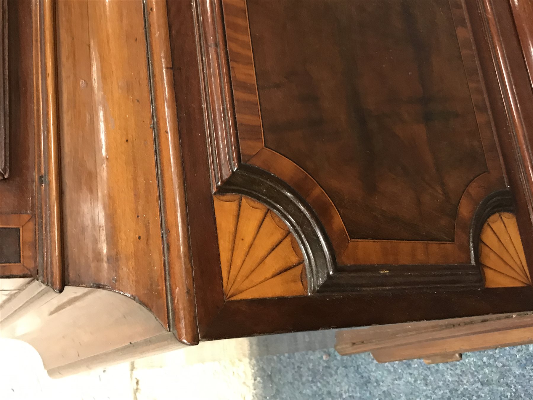 Early 19th century inlaid and cross banded mahogany London style longcase clock, brass arched dial, Roman and Arabic numerals, second and month subsidiary, lattice spandrel, eight day movement, automatic night time silent and strike mode, H242cm (two weights and pendulum)