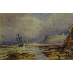  Robert Ernest Roe (British 1852-1921): 'The Brig Mary & Agnes in Distress off Whitby Sands', watercolour signed 27cm x 42cm  Notes: the 'Mary & Agnes' was bound from London to Newcastle when she was caught in a North Easterly between Sandsend and Whitby on 24th Oct.1885   