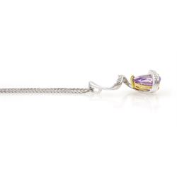 18ct white and yellow gold pear cut amethyst and round brilliant cut diamond pendant, on 18ct white gold foxtail link chain necklace