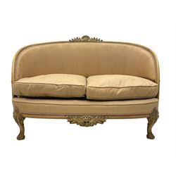 French Louis XV design walnut framed sofa, tub-shaped upholstered back with gilt foliate carved crest, padded seat with twin loose cushions, raised on cabriole supports with shell and acanthus leaf carvings