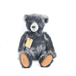 Three limited edition Robin Rive teddy bears, to include 'Charlie' a mottled grey mohair bear with brown suede pads limited edition no.24/200, 'Tim' a blonde mohair bear with orange felt waistcoat limited edition no.137/300 and one other in sequined waistcoat, two with certificate tags, tallest H48cm