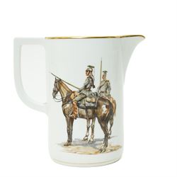 Nymphenburg coffee set painted with WWI military scenes after Hans Kratzer, comprising six coffee cans and saucers, coffee pot, cream jug and covered sugar bowl