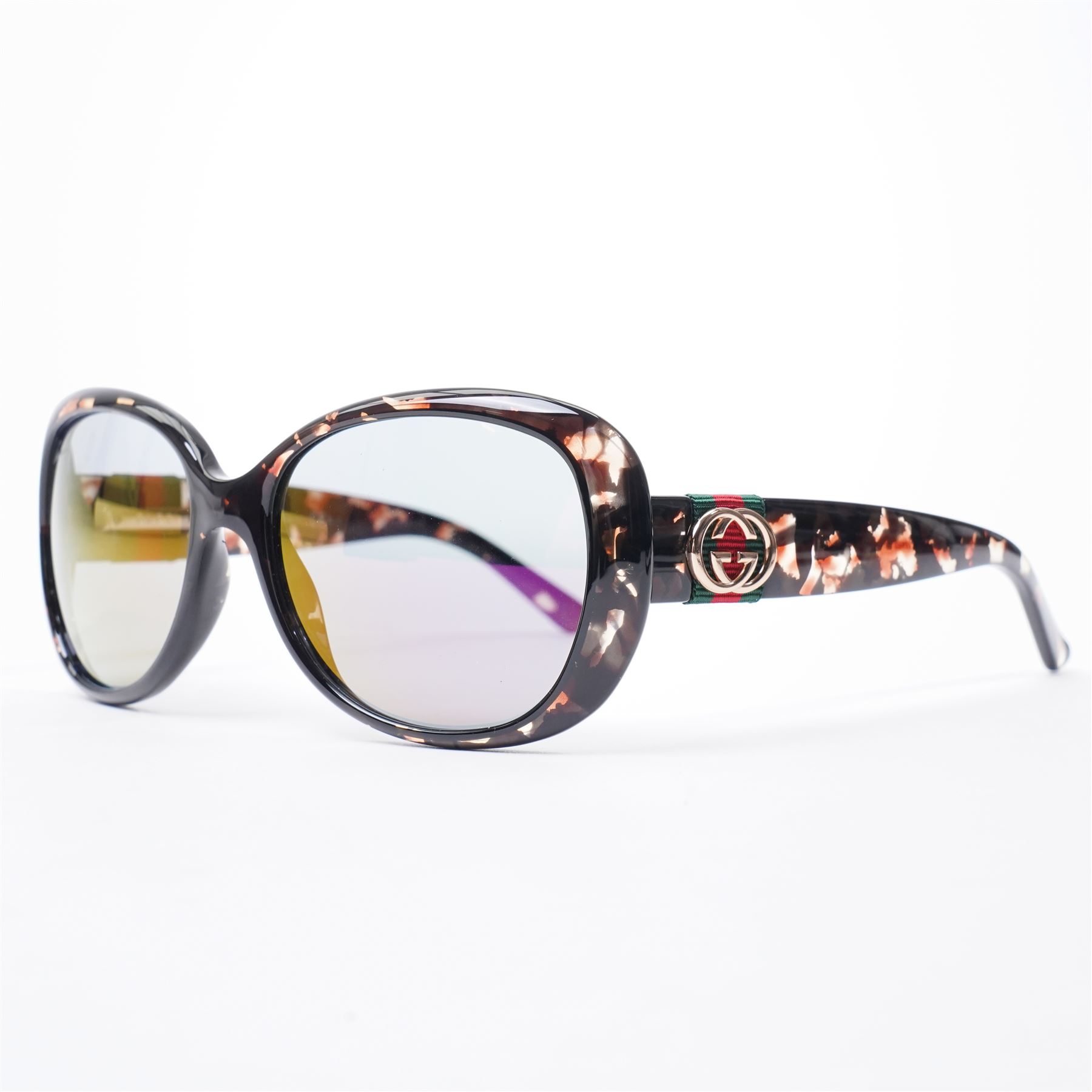 Gucci - pair of oversized sunglasses, with graduated mirrored lenses in tortoiseshell-effect frame, the arms with signature web stripe and interlocking gold-tone GG logo, unused with original monogram leather case 