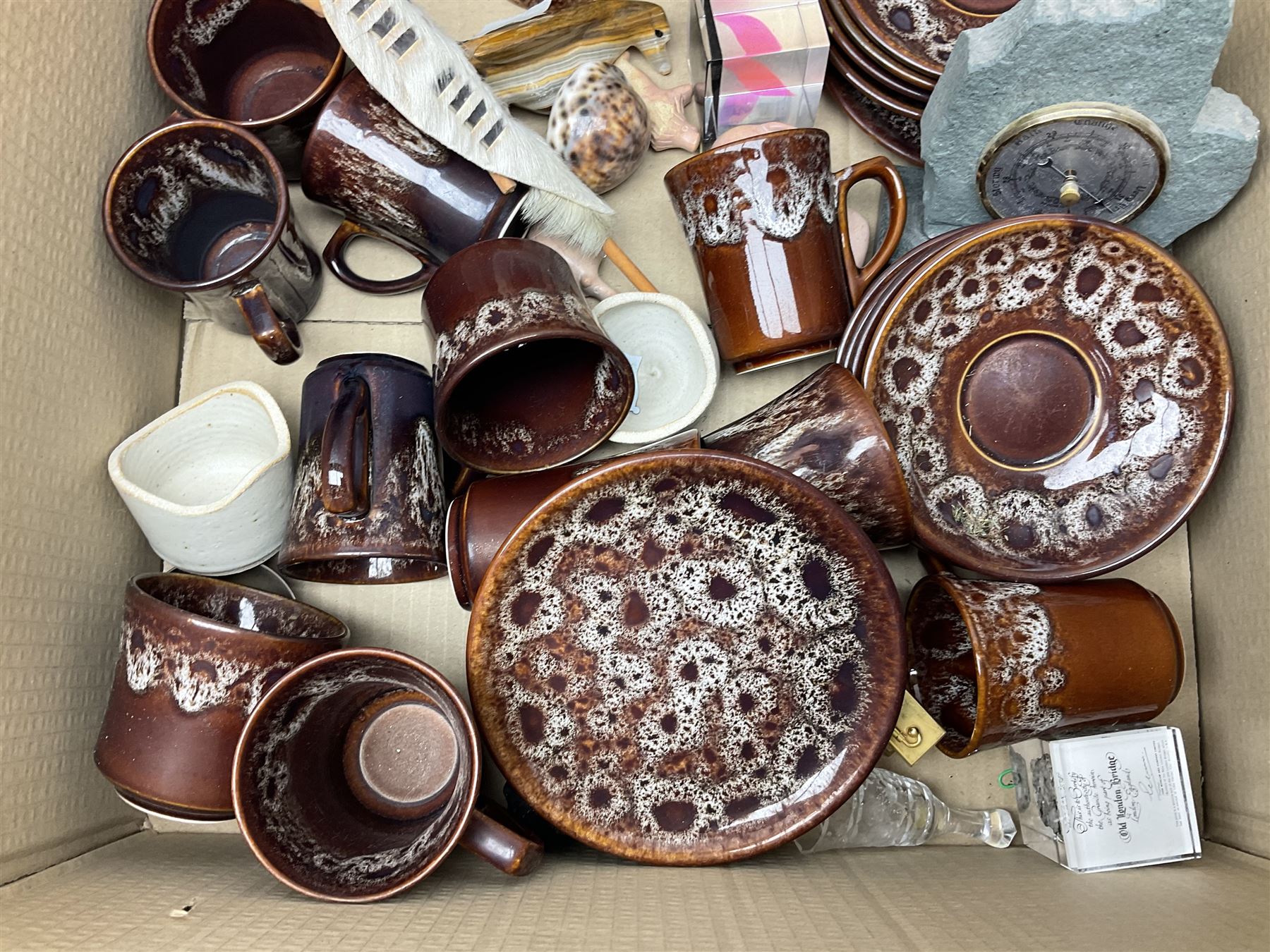 Quantity of ceramics to include Kernewek Cornwall tea wares, pair of Royal Doulton Islamic series plates, sage green Wedgwood Jasperware, Coclough tea wares, glassware etc in two boxes