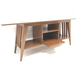 Mid century teak console unit, single drawer, square tapering supports joined by undertier, W183cm, H68cm, D46cm