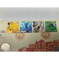 Eight coin covers including, 'Her Majesty Queen Elizabeth II 70th Birthday' containing a 1996 Canadian one ounce silver coin, three coin covers commemorating the 21st Birthday of HRH Prince William each containing a silver coin, '1895 1952 A Tribute to HM King George VI' containing a South Africa 1952 five shilling coin, 'The Notting Hill Carnival' containing a 1998 fifty pence etc (8)