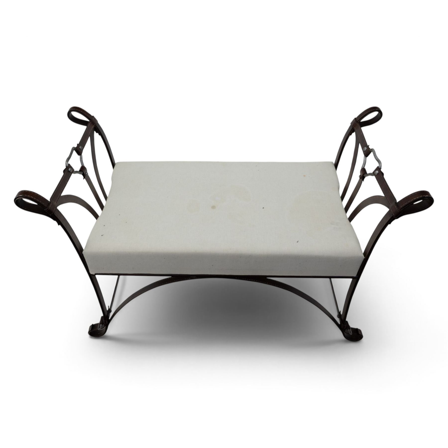 And So To Bed - 'Handel' wrought iron window seat, the rectangular upholstered seat enclosed by scrolling and arched ends with shaped uprights, on scrolling supports united by curved stretchers