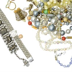 Victorian gilt rock crystal brooch, 9ct gold chase link chain necklace, Accurist ladies wristwatch, malachite bead necklace, silver jewellery including a filigree cameo bracelet, portrait miniature brooch, rings etc, together with various costume jewellery