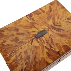 Regency blond tortoiseshell veneered box, the hinged lid with inlaid white metal and central cartouche, H7cm, L26cm