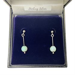 Silver opal pendant stud earrings, stamped 925, boxed
