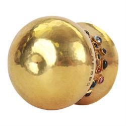 Small modern 22ct gold vase, the body waisted bellied form with planished finish, set with bezel set multi-gemstone cabochons, including topaz, garnet and tourmaline, hallmarked Sarah Jones, London 2002, also marked 916, H5.5cm

