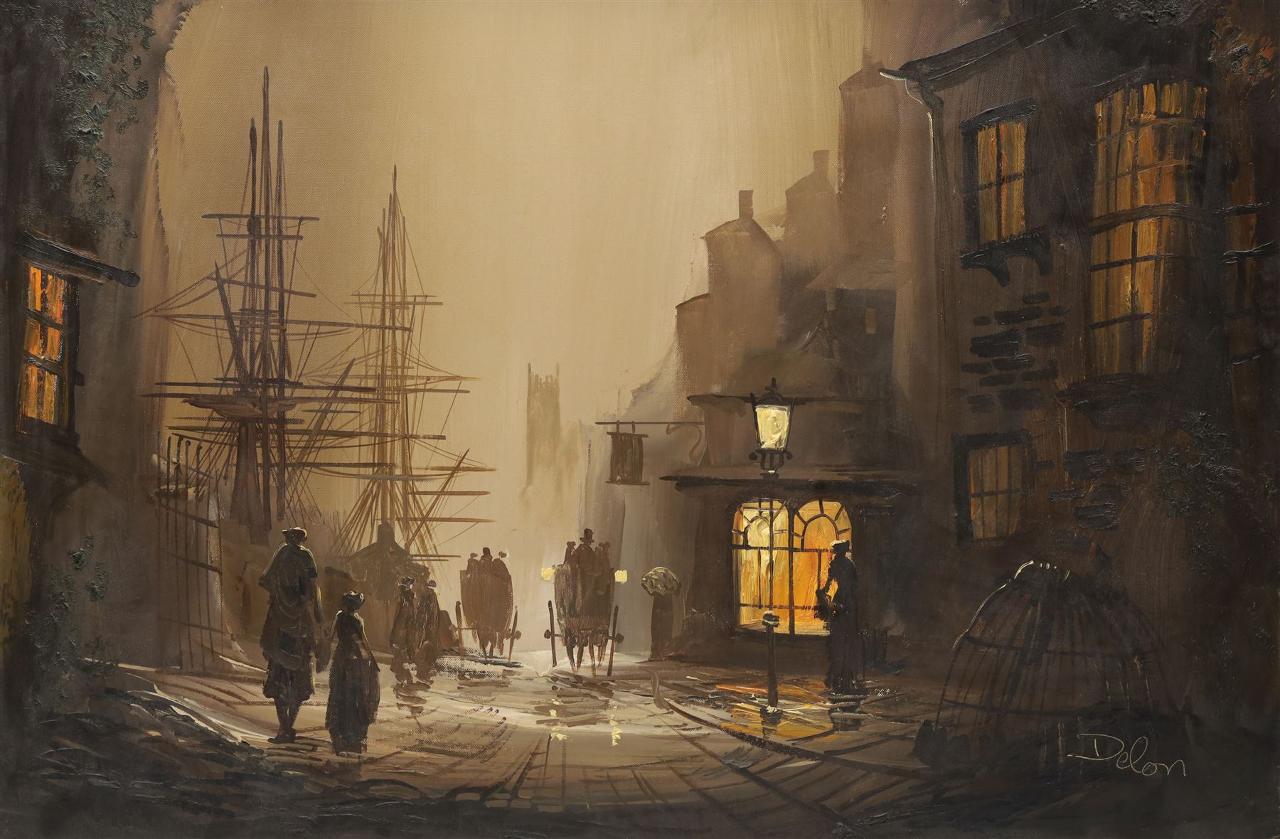 Donald Hughes (British b.1933): Street Scene of a Victorian Port City at Night, oil on canvas signed 50cm x 75cm
