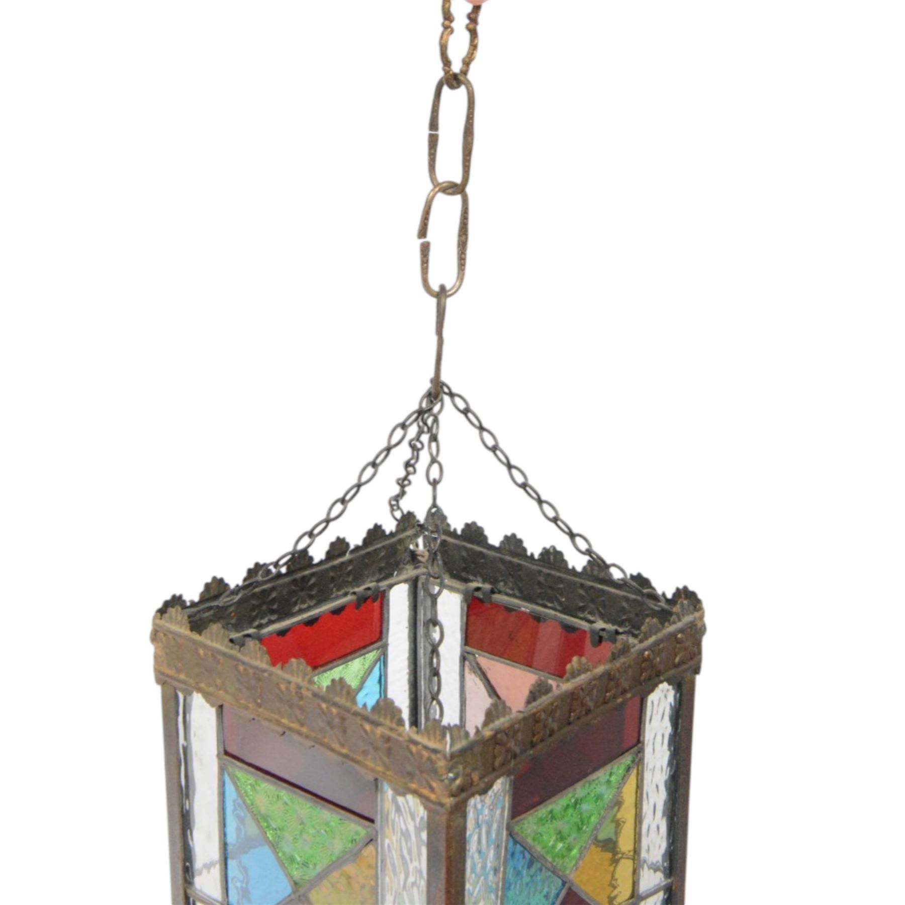 Edwardian metal framed hanging hall lantern, of rectangular form, with leaded stained and clear glass panels, H28cm