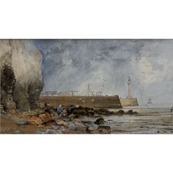 George Weatherill (British 1810-1890): Figures on the Scaur Whitby, watercolour signed 11cm x 20cm 
Notes: this early Weatherill shows the East Pier being prepared for its extension to allow for the eventual construction of the east lighthouse in 1837, and as such must date from circa 1834-1835. The wooden structures visible on the pier in the background are tools used for manoeuvring blocks along the existing pier prior to placing them in position for the extension.