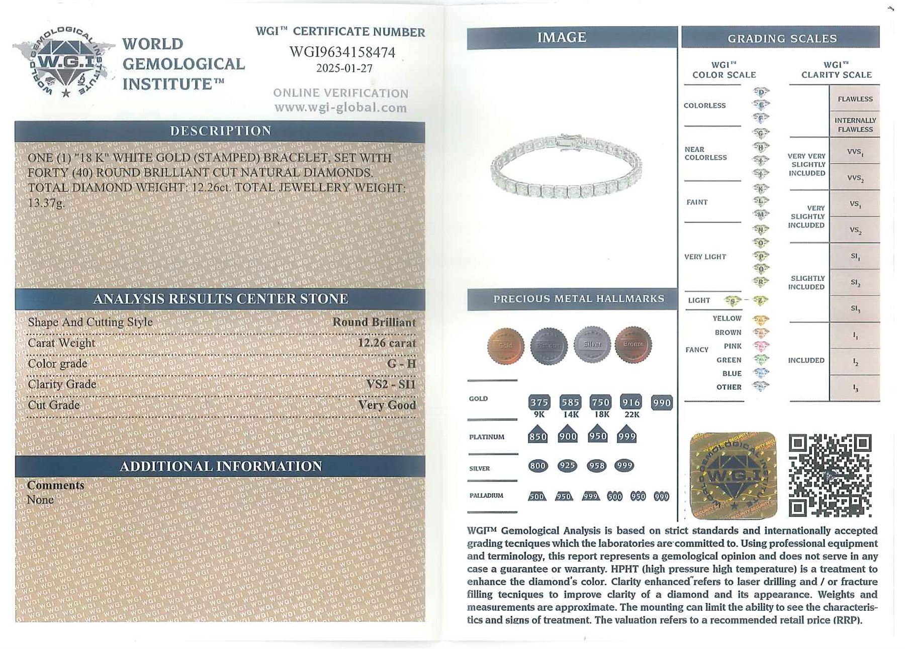 18ct white gold diamond bracelet, forty round brilliant cut diamonds , in a four claw setting, stamped 18K, total diamond weight 12.26 carat, with World Gemological Institute report