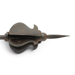 Indian Shishpar steel flange mace with six engraved hinged flanges, the shaft with a ball terminal L71cm 